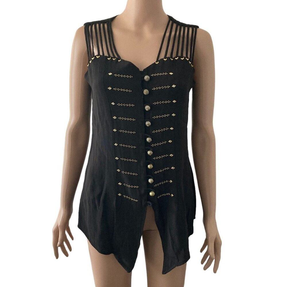 Beverly Rose Shirt Womens Medium Black Gold Captains Buttons Sleeveless